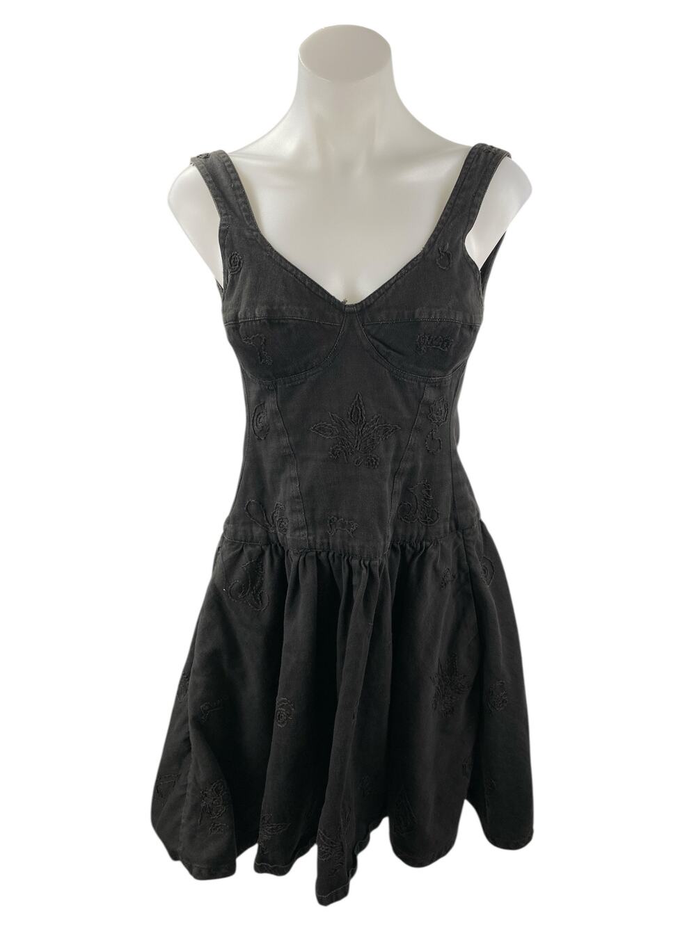 Warehouse Black Floral Embroidery Sleeveless Open Back Denim Fit & Flare Dress M